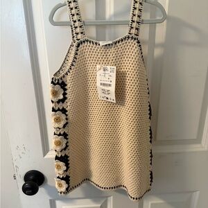 Zara Girls Cream and Black Crochet Dress with Floral Accents - 5T